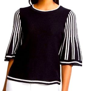 Ann Taylor Size XXSP deep black white striped flare elbow tip sweater NWT